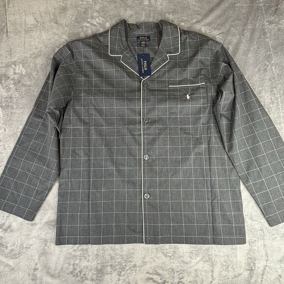 Polo Ralph Lauren Sleep Shirt Men Large Gray Check Button Up Pocket Pony New $55 - Picture 2 of 12